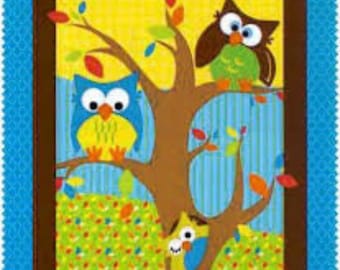 Bright Owl Fabric Panel Features 3 Cartoon Owls on a Tree Trunk with Leaves and a Yellow and Blue Striped Background. Flannel Sold BTP