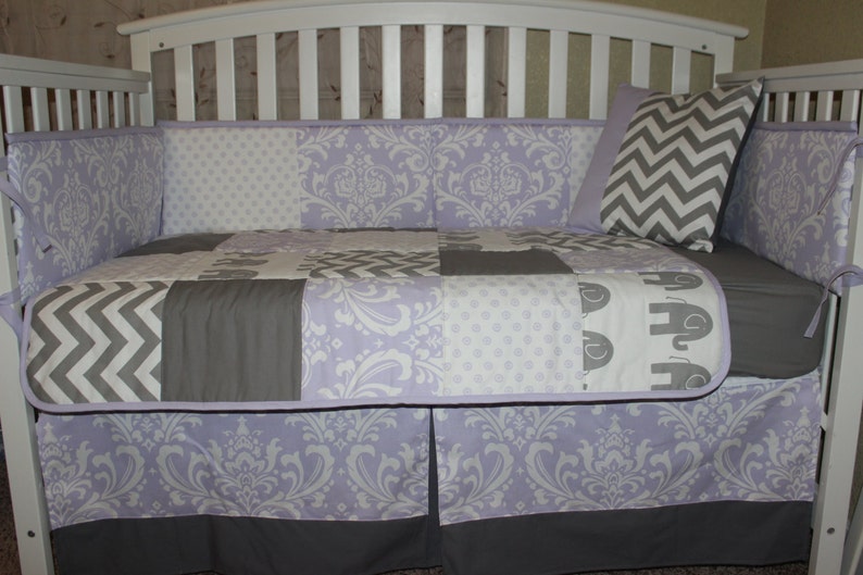 Crib Bedding Set Patchworked Lavender Damask Grey Elephant Etsy