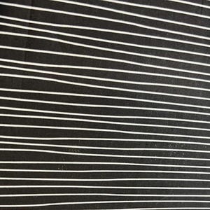 May include: Black fabric with white, horizontal, uneven stripes. The stripes are thin and spaced apart, creating a pattern. The fabric has a slightly textured appearance.