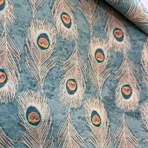 Peacock Feather Pattern on Shades of Mint and Teal Background. Cotton Fabric Sold by the Yard