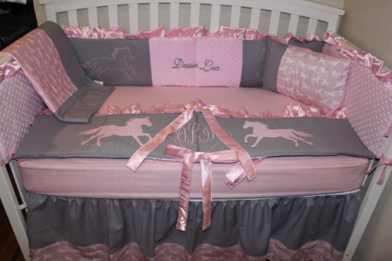 Horse Crib Baby Bedding Set Grey Pink Western Horse Etsy