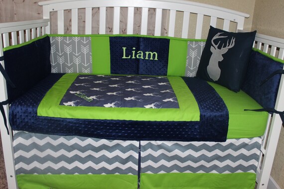 Crib Bedding Set Navy Blue And Lime Green Deer Head And Etsy