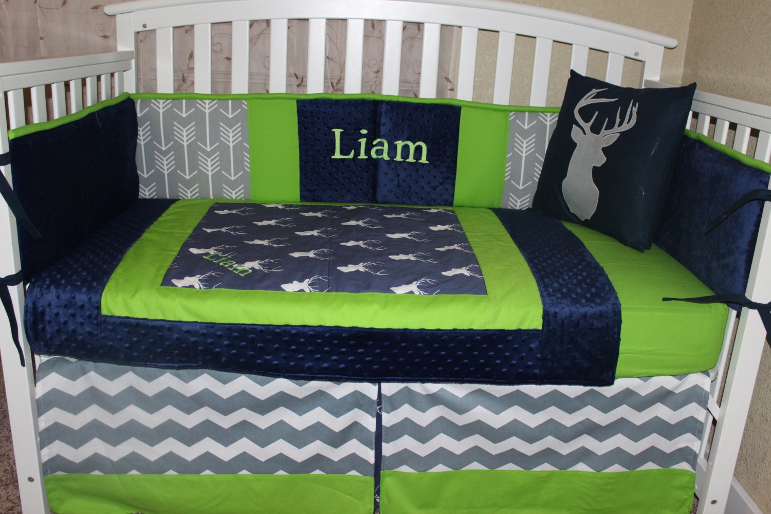 Crib Bedding Set Navy Blue and Lime Green Deer Head and ...
