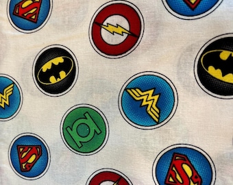 DC Comics Superheroes, including Superman, Batman, Wonder Woman, The Flash, and Green Lantern in Large Dots Pattern Cotton Sold by the Yard
