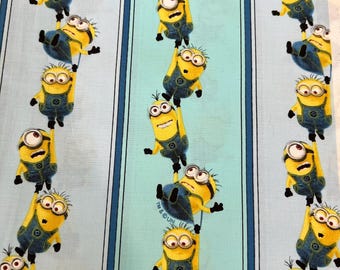 Minions Despicable Me Stripped Aqua and Gray Cotton Fabric Sold by the Half Yard