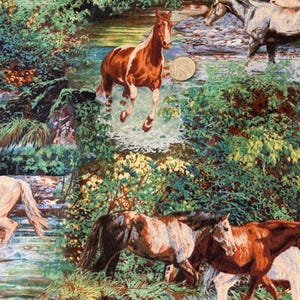 May include: A fabric print featuring multiple horses in various shades of brown, white, and gray running through a shallow river surrounded by lush green foliage. A small circular coin is visible near the center horse, providing a scale reference.