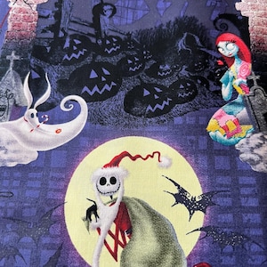 May include: A fabric featuring characters from The Nightmare Before Christmas. Jack Skellington in a Santa hat stands before a full moon, with Zero, Sally, and other Halloween Town elements in a purple and black color scheme.
