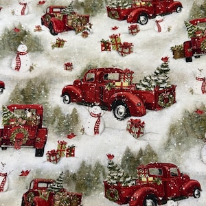 May include: A repeating pattern of red vintage trucks carrying Christmas trees and gifts, set against a snowy winter landscape with snowmen and evergreen trees. The trucks are loaded with presents and trees, creating a festive holiday scene.