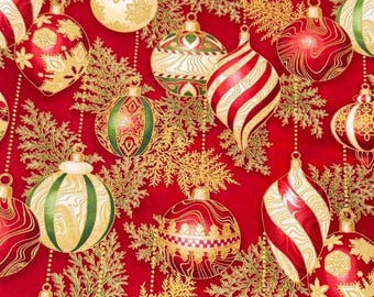 Ornaments Cranberry and Metallic, Featuring Festive Hanging Christmas Ornaments and Gold Foliage on a Red Background. Cotton by 1/2 Yard
