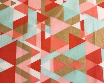 Geometric Fabric Featuring Patterned Triangles in Shades of Coral, Pink, Mint , and Metallic Gold Accents. Cotton Fabric Sold by the Yard