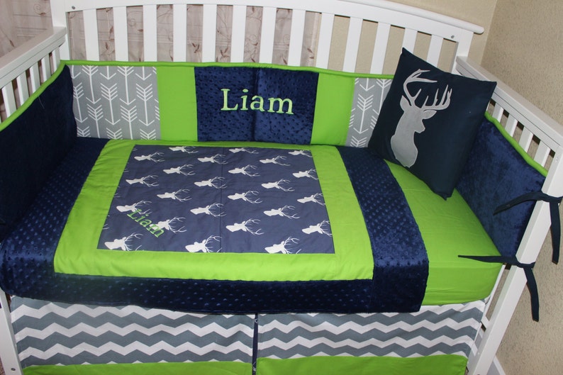 Crib Bedding Set Navy Blue and Lime Green Deer Head and | Etsy
