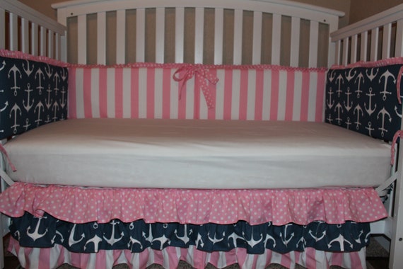 Nautical Girl Pink And Navy Blue Crib Baby Bedding Etsy