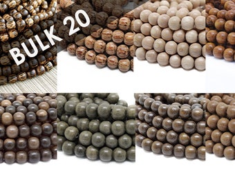 BULK Wholesale 8mm Premium Natural Round Wood Beads - 20 strands - Choose Color and Finish - Ebony Rosewood Bayong Graywood Robles Palmwood