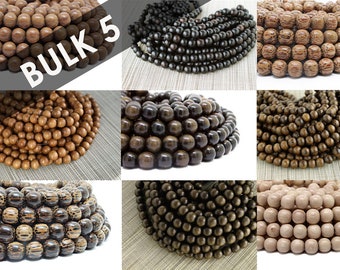 BULK Wholesale 10mm Premium Natural Round Wooden Beads - 5 strands - Choose Wood Type and Finish - Ebony Rosewood Bayong Graywood Palmwood