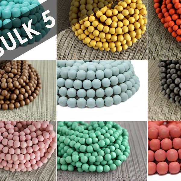 BULK Wholesale 10mm Colored Round Wood Beads - 5 strands - Choose your color - White Natural Beige Painted Metallic Gold Dyed Coloured Beads