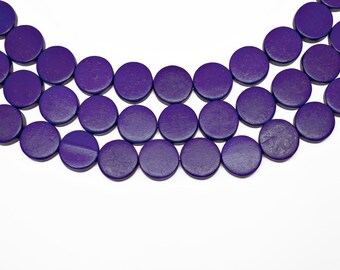 15mm Royal Purple Flat Round Coin Wood Beads - Dyed and Waxed - 15 inch strand