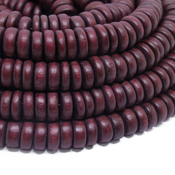 10mm Burgundy Red Wood Pucalet Rondelle Beads - Dyed and Waxed - 15 inch strand