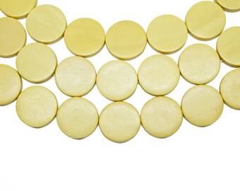 25mm Canary Yellow Bright Yellow Flat Round Coin Wood Beads - Dyed and Waxed - 15 inch strand