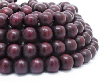 10mm Burgundy Red Round Wood Beads - Dyed and Waxed - 15 inch strand