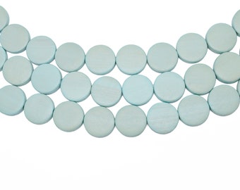 15mm Baby Blue Flat Round Coin Wood Beads - Dyed and Waxed - 15 inch strand