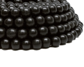 10mm Black Round Wood Beads - Dyed and Waxed - 15 inch strand