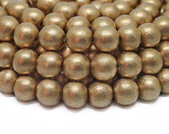 12mm Metallic Gold Natural Round Wooden Beads - Painted Coated Wood - 15 inch strand - Nontarnish Top Quality Lightweight Jewelry Supplies