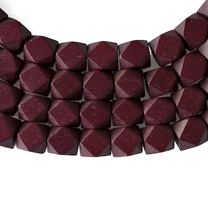 10mm Burgundy Red Geometric Polygon Wood Beads - Dyed and Waxed - 15 inch strand