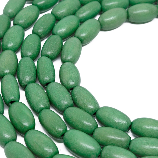 MARKDOWN 70% - 12x8mm Oval Green Wood Beads - Dyed and Waxed - 15 inch strand