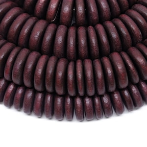 15mm Burgundy Red Wood Pucalet Rondelle Beads - Dyed and Waxed - 8 inch strand