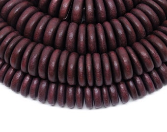 15mm Burgundy Red Wood Pucalet Rondelle Beads - Dyed and Waxed - 8 inch strand