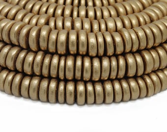 12mm Metallic Gold Pucalet Rondelle Disk Heishi Natural Wood Beads - Spray Painted Coated Wooden Spacer Craft Supply - 15 inch strand