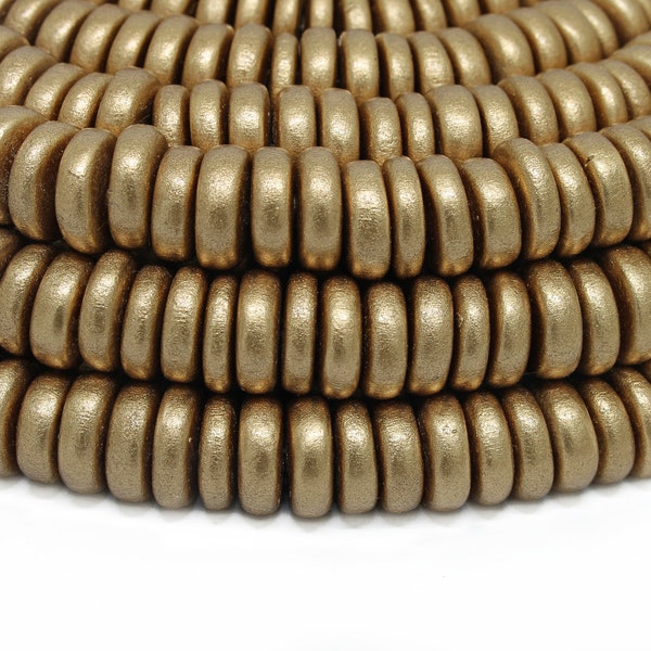 12mm Metallic Gold Pucalet Rondelle Disk Heishi Natural Wood Beads - Spray Painted Coated Wooden Spacer Craft Supply - 15 inch strand