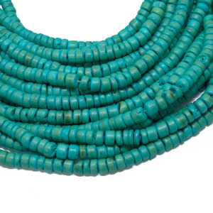 May include: A strand of turquoise blue beads, each bead is round and slightly irregular in shape. The beads are stacked in a pile, creating a textured and colorful display.