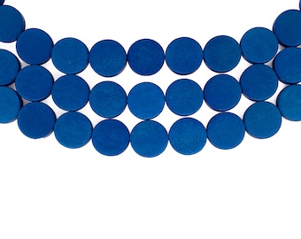 15mm Cobalt Blue Flat Round Coin Wood Beads - Dyed and Waxed - 15 inch strand