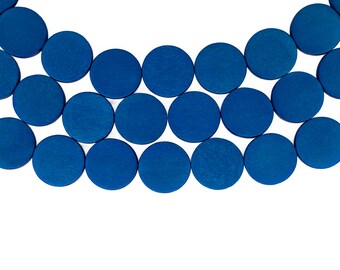 20mm Cobalt Blue Flat Round Coin Wood Beads - Dyed and Waxed - 15 inch strand