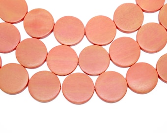 25mm Salmon Coral Flat Round Coin Wood Beads - Dyed and Waxed - 15 inch strand