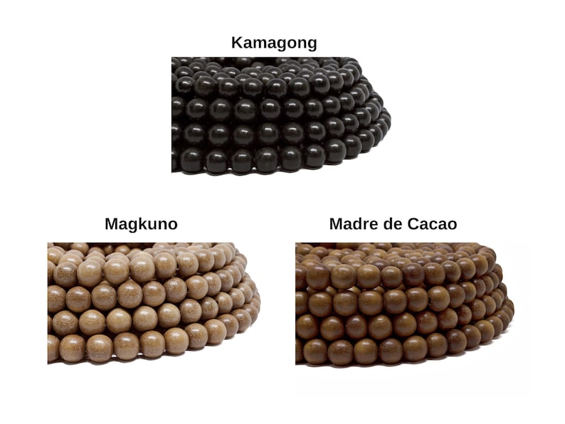May include: Three strands of wooden beads in different colors. The top strand is black, the middle strand is light brown, and the bottom strand is dark brown.