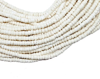 4-5mm White Coconut Shell Pucalet Rondelle Beads - Bleached - 15 inch strand