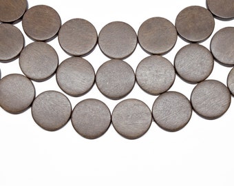 25mm donkerbruine platte ronde munt houten kralen - geverfd en gewaxt - 15 inch streng