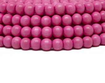 8mm Bubblegum Pink Round Wood Beads - Dyed and Waxed - 15 inch strand