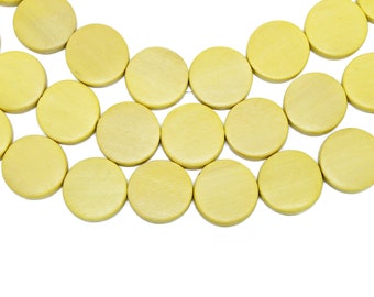 20mm Canary Yellow Bright Yellow Flat Round Coin Wood Beads - Dyed and Waxed - 15 inch strand