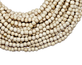 4-5mm Natural Beige Round Wood Beads - Waxed - 15 inch strand