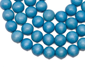 15mm Azure Blue Round Wood Beads - Dyed and Waxed - 15 inch strand