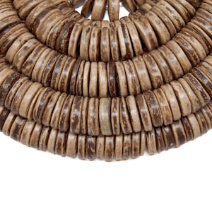 15mm Natural Tiger Coconut Shell Pucalet Rondelle Beads - Dyed and Waxed - 8 inch strand