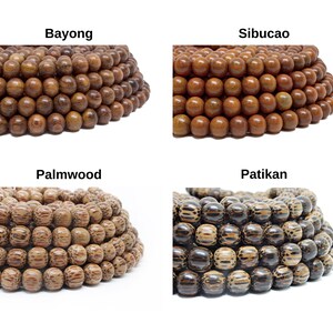 May include: Four different types of wooden beads, labeled Bayong, Sibucao, Palmwood, and Patikan. Each type of bead has a unique color and pattern.
