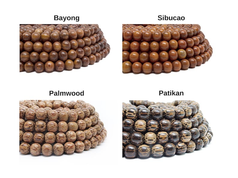May include: Four different types of wooden beads, labeled Bayong, Sibucao, Palmwood, and Patikan. Each type of bead has a unique color and pattern.