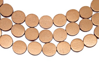 MARKDOWN 70% - 15mm Metallic Copper Flat Round Coin Wood Beads - Painted - 15 inch strand