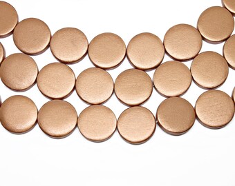 20mm Metallic Copper Flat Round Coin Wood Beads - Painted - 15 inch strand