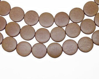 20mm Light Brown Flat Round Coin Wood Beads - Geverfd en Gewaxt - 15 inch streng