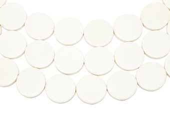 25mm White Ivory Cream Flat Round Coin Wood Beads - Bleached - 15 inch strand